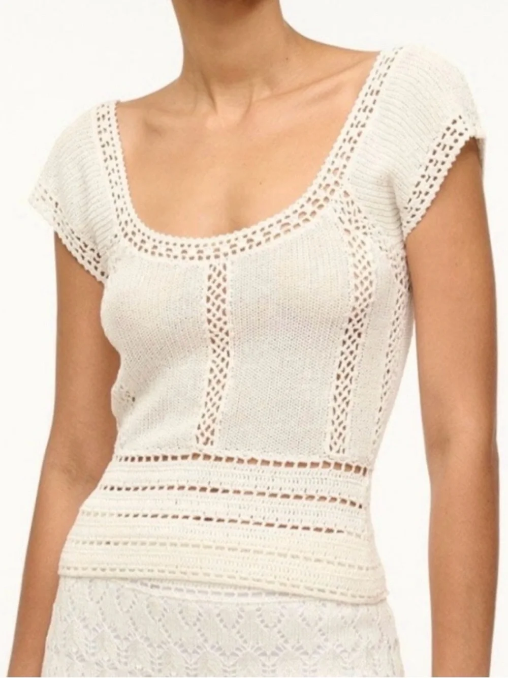 STAUD Cream Crochet Knit Scoop Neck Top